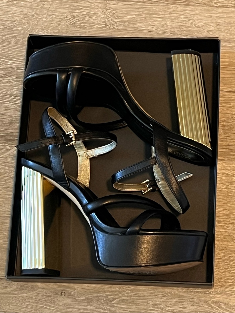 Michael Kors Black Platform Strappy Sandals with Gold Block Heel - Women